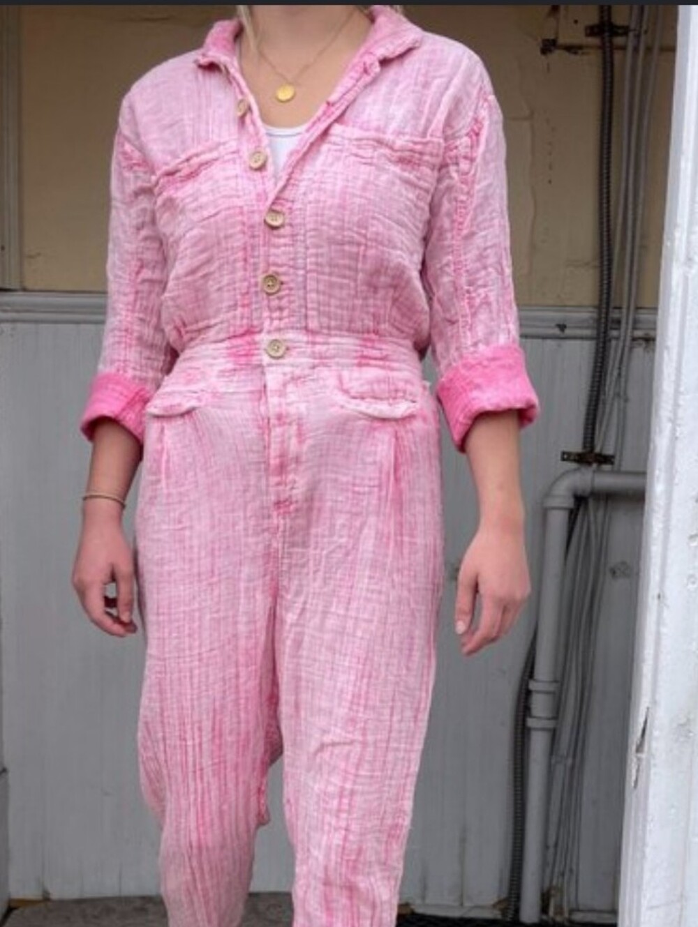 Free People Pink Button-Front Long-Sleeve Jumpsuit